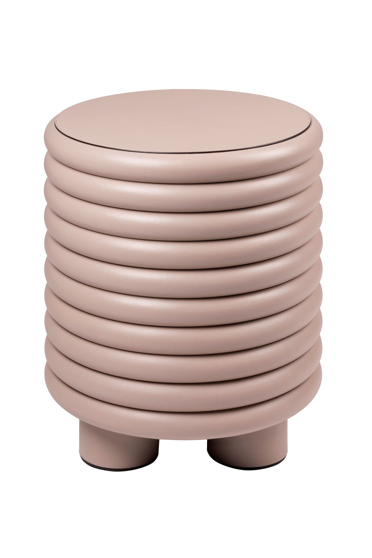 Giobagnara x Stephane Parmentier Scala Leather-Covered Stool | Inspired by the "stacked" shape seen in Italian architecture and Salvatore Ferragamo’s iconic heel | The Scala collection features furniture and decor with a recurring layered motif, highlighted by thick legs for a delicate graphic line | Pure cylindrical shapes or grouped duos and trios form stools or occasional tables | Elegance achieved through precise proportions | Available in light, dark, or muted colors to match or contrast | Home Decor a