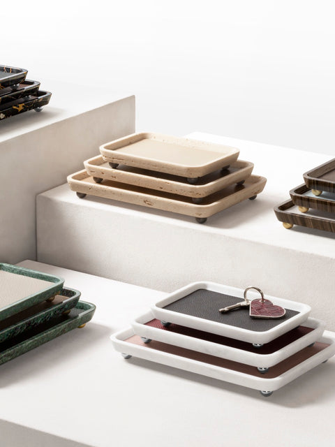 Giobagnara | Monza Leather & Marble Valet Tray: Marble structure with leather insert, available in various shapes and sizes | Decor / Valet Trays | 2Jour Concierge, your luxury lifestyle shop | Italian marble, refined organization, functional elegance, timeless design