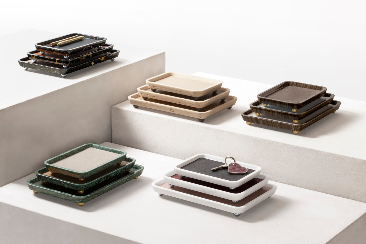 Giobagnara | Monza Leather & Marble Valet Tray: Marble structure with leather insert, available in various shapes and sizes | Decor / Valet Trays | 2Jour Concierge, your luxury lifestyle shop | Italian marble, refined organization, functional elegance, timeless design