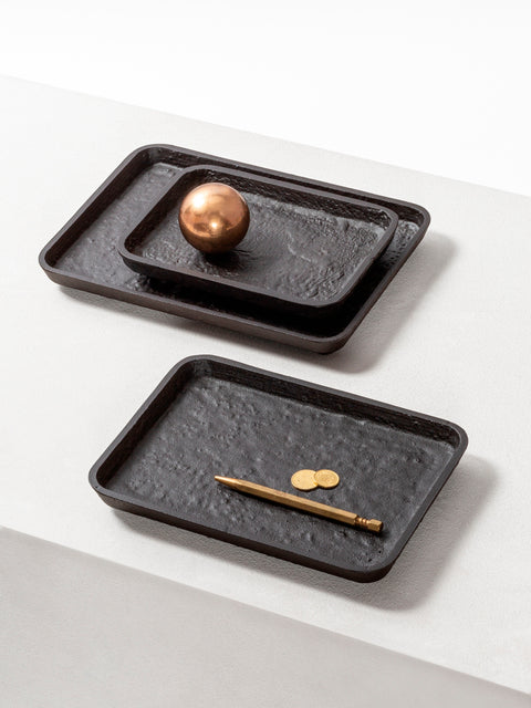 Giobagnara Riace Rectangular Valet Tray | Part of the Riace Imperfect Bronze Bathroom Set | Cast aluminum with burnished bronze finish | A modern and essential design with primal artistry | 2Jour Concierge, your luxury lifestyle shop