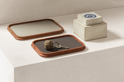 Giobagnara | Rodi Marble Valet Tray: Travertine marble with removable leather insert, available in different shapes and sizes | Decor / Valet Trays | 2Jour Concierge, your luxury lifestyle shop | natural stone, Italian craftsmanship, refined organization, timeless design