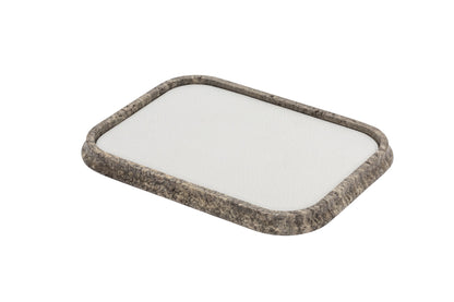 Giobagnara | Rodi Marble Valet Tray: Travertine marble with removable leather insert, available in different shapes and sizes | Decor / Valet Trays | 2Jour Concierge, your luxury lifestyle shop | natural stone, Italian craftsmanship, refined organization, timeless design