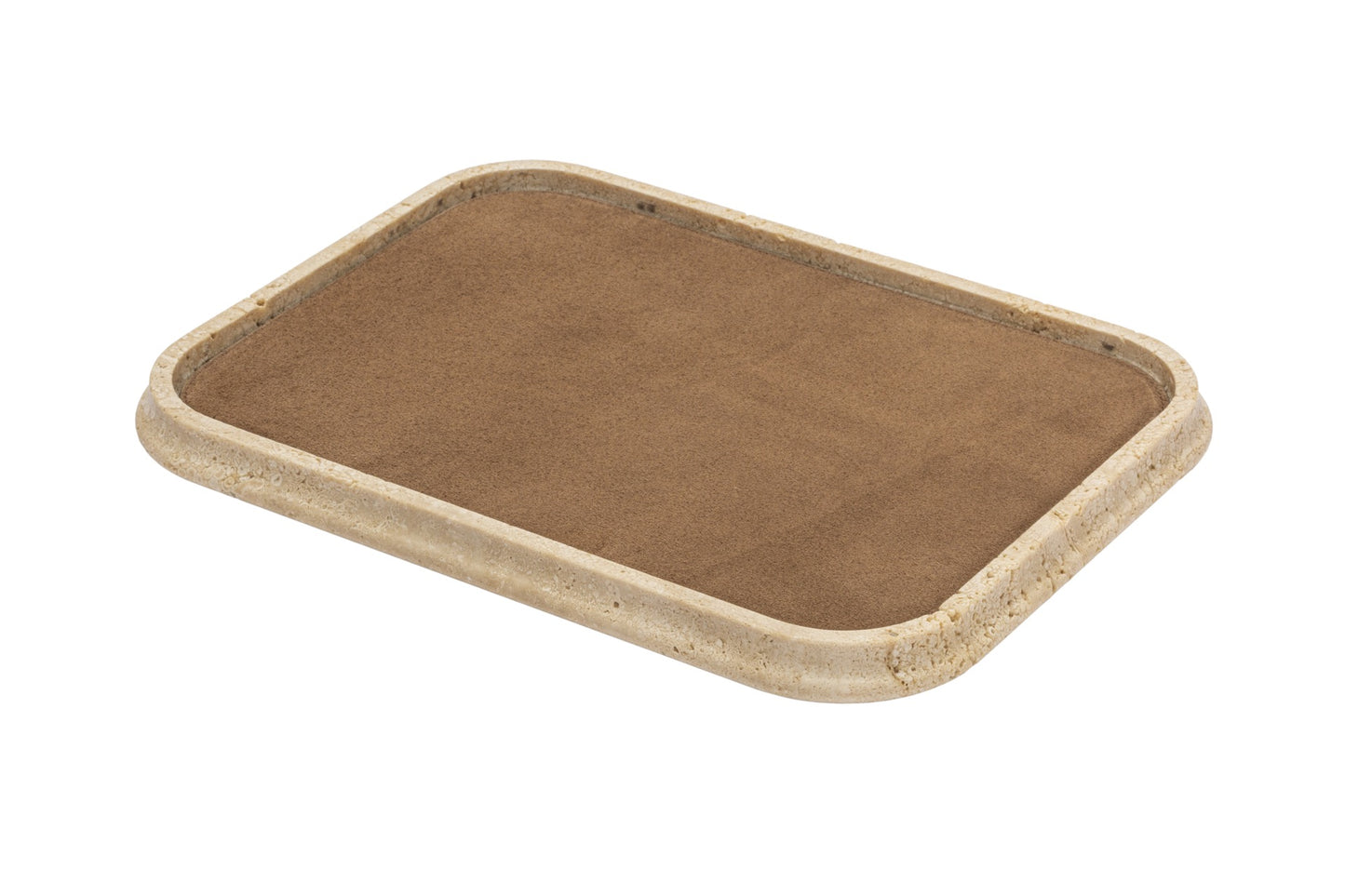 Giobagnara | Rodi Marble Valet Tray: Travertine marble with removable leather insert, available in different shapes and sizes | Decor / Valet Trays | 2Jour Concierge, your luxury lifestyle shop | natural stone, Italian craftsmanship, refined organization, timeless design