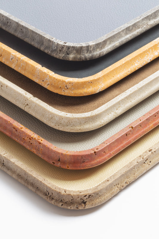 Giobagnara | Rodi Marble Valet Tray: Travertine marble with removable leather insert, available in different shapes and sizes | Decor / Valet Trays | 2Jour Concierge, your luxury lifestyle shop | natural stone, Italian craftsmanship, refined organization, timeless design