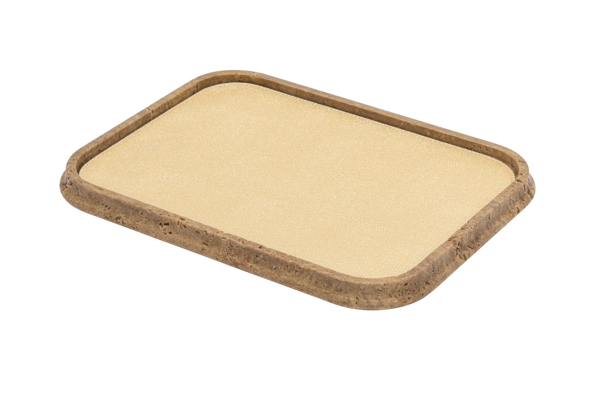 Giobagnara | Rodi Marble Valet Tray: Travertine marble with removable leather insert, available in different shapes and sizes | Decor / Valet Trays | 2Jour Concierge, your luxury lifestyle shop | natural stone, Italian craftsmanship, refined organization, timeless design