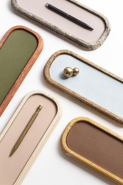 Giobagnara | Rodi Marble Valet Tray: Travertine marble with removable leather insert, available in different shapes and sizes | Decor / Valet Trays | 2Jour Concierge, your luxury lifestyle shop | natural stone, Italian craftsmanship, refined organization, timeless design