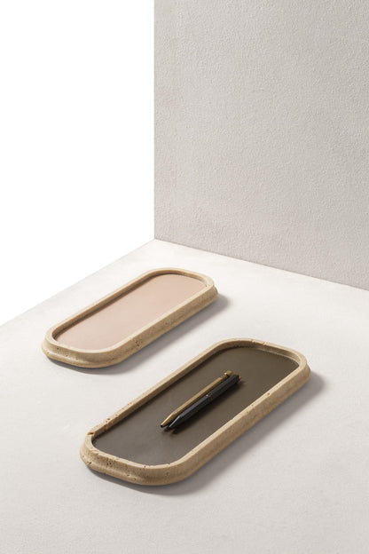 Giobagnara | Rodi Marble Valet Tray: Travertine marble with removable leather insert, available in different shapes and sizes | Decor / Valet Trays | 2Jour Concierge, your luxury lifestyle shop | natural stone, Italian craftsmanship, refined organization, timeless design