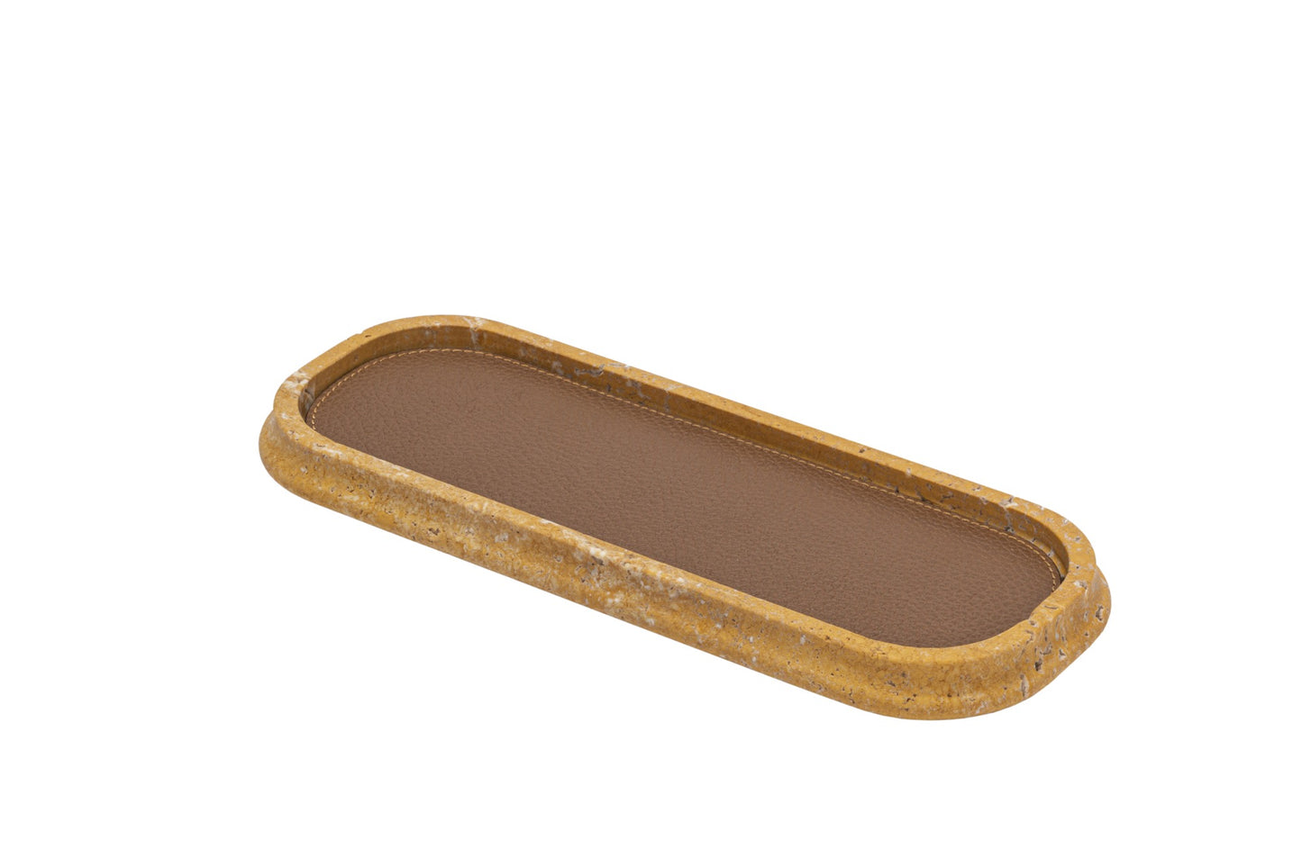Giobagnara | Rodi Marble Valet Tray: Travertine marble with removable leather insert, available in different shapes and sizes | Decor / Valet Trays | 2Jour Concierge, your luxury lifestyle shop | natural stone, Italian craftsmanship, refined organization, timeless design