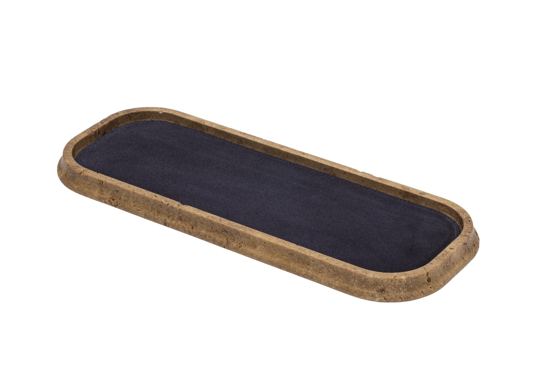 Giobagnara | Rodi Marble Valet Tray: Travertine marble with removable leather insert, available in different shapes and sizes | Decor / Valet Trays | 2Jour Concierge, your luxury lifestyle shop | natural stone, Italian craftsmanship, refined organization, timeless design