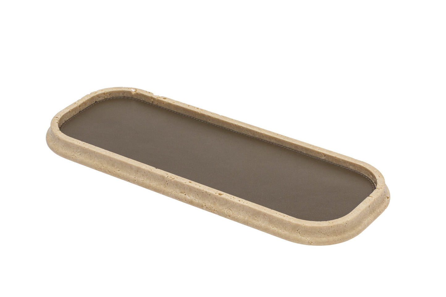 Giobagnara | Rodi Marble Valet Tray: Travertine marble with removable leather insert, available in different shapes and sizes | Decor / Valet Trays | 2Jour Concierge, your luxury lifestyle shop | natural stone, Italian craftsmanship, refined organization, timeless design