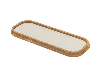 Giobagnara | Rodi Marble Valet Tray: Travertine marble with removable leather insert, available in different shapes and sizes | Decor / Valet Trays | 2Jour Concierge, your luxury lifestyle shop | natural stone, Italian craftsmanship, refined organization, timeless design