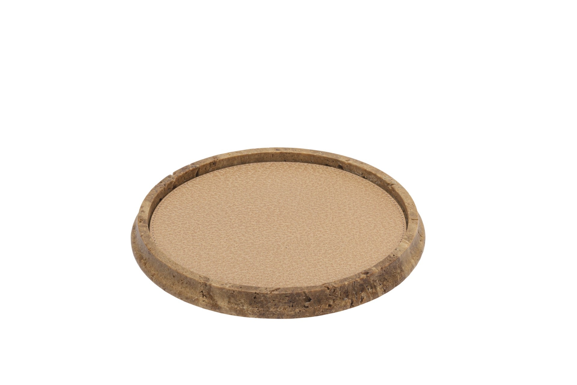 Giobagnara | Rodi Marble Valet Tray: Travertine marble with removable leather insert, available in different shapes and sizes | Decor / Valet Trays | 2Jour Concierge, your luxury lifestyle shop | natural stone, Italian craftsmanship, refined organization, timeless design