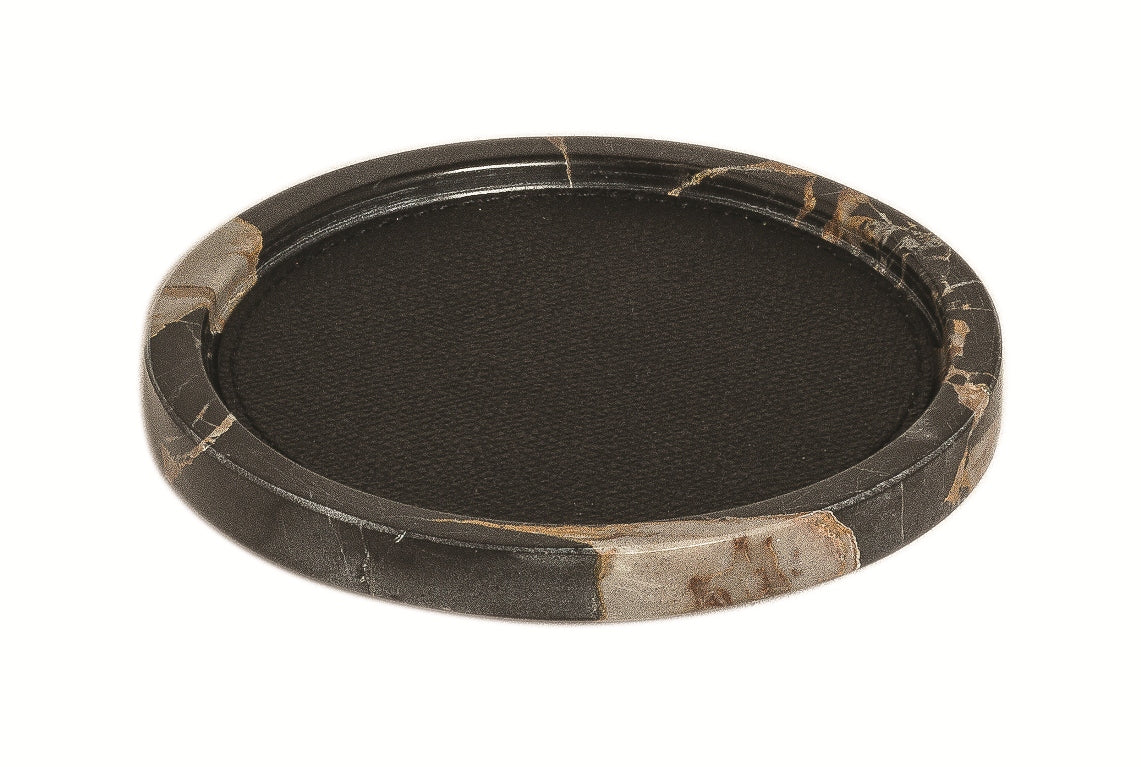 Giobagnara Polo Marmo Stackable Valet Tray Round | Marble Piece with Leather Insert and Bottom in Suede | Each Piece Offers a Unique Stone Pattern | Stylish and Stackable Home Organization | Explore a Range of Luxury Home Decor at 2Jour Concierge, #1 luxury high-end gift & lifestyle shop