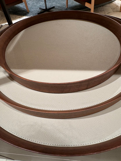 x Poltrona Frau Round Walnut Wood Tray with Fine Leather Inlay