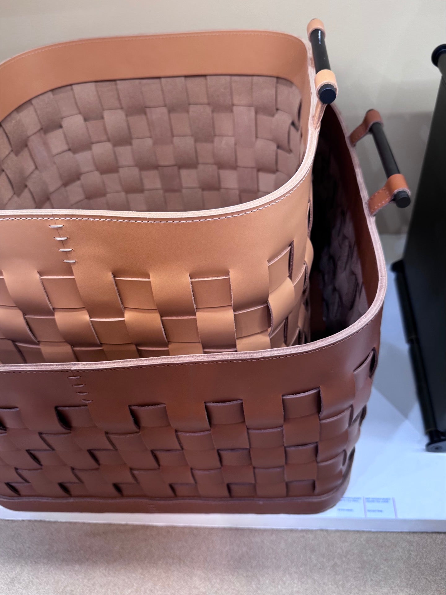 Ravenna Square Braided Leather Storage Basket with Brushed Bronze Handles