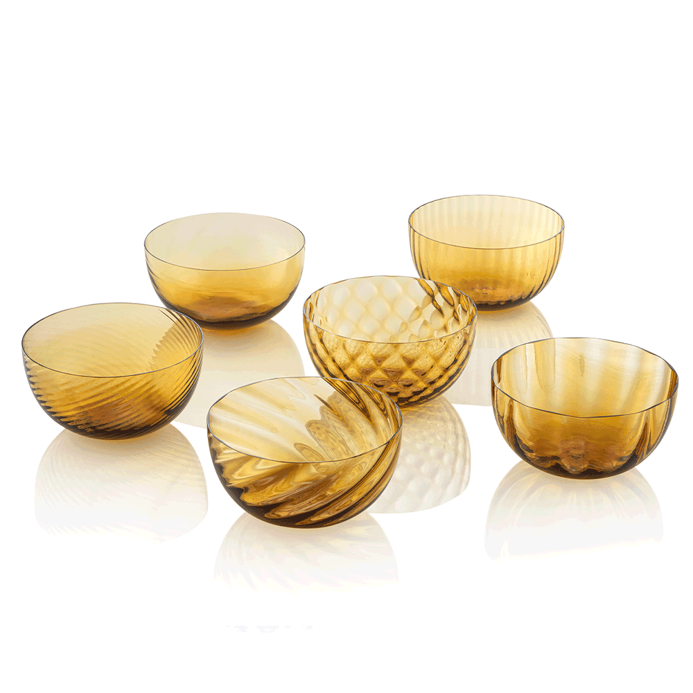 NasonMoretti Idra bowls – set of 6 | Set of six Murano glass bowls in assorted textures and colors | Each bowl features unique hand-blown craftsmanship with textures including optic, torsé, balloton, and more | A vibrant and luxurious addition to modern entertaining | Available in classic and ruby red selections | Design by NasonMoretti | Tableware & bowls | 2Jour Concierge, your luxury lifestyle shop