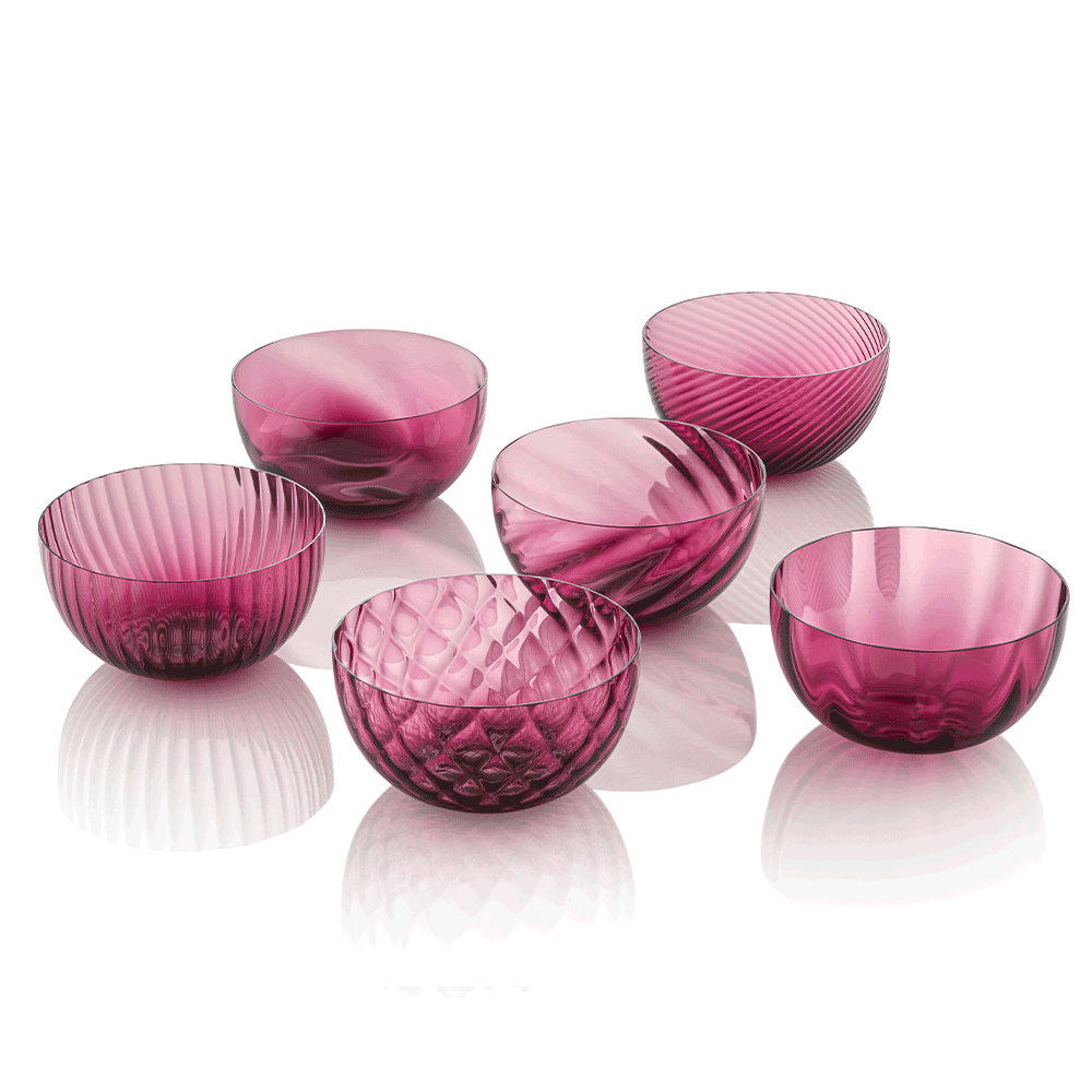 NasonMoretti Idra bowls – set of 6 | Set of six Murano glass bowls in assorted textures and colors | Each bowl features unique hand-blown craftsmanship with textures including optic, torsé, balloton, and more | A vibrant and luxurious addition to modern entertaining | Available in classic and ruby red selections | Design by NasonMoretti | Tableware & bowls | 2Jour Concierge, your luxury lifestyle shop