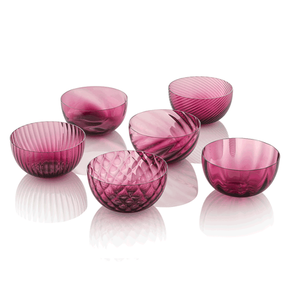 NasonMoretti Idra bowls – set of 6 | Set of six Murano glass bowls in assorted textures and colors | Each bowl features unique hand-blown craftsmanship with textures including optic, torsé, balloton, and more | A vibrant and luxurious addition to modern entertaining | Available in classic and ruby red selections | Design by NasonMoretti | Tableware & bowls | 2Jour Concierge, your luxury lifestyle shop