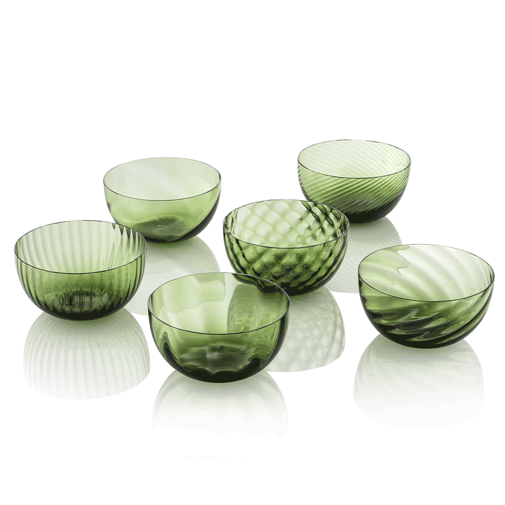 NasonMoretti Idra bowls – set of 6 | Set of six Murano glass bowls in assorted textures and colors | Each bowl features unique hand-blown craftsmanship with textures including optic, torsé, balloton, and more | A vibrant and luxurious addition to modern entertaining | Available in classic and ruby red selections | Design by NasonMoretti | Tableware & bowls | 2Jour Concierge, your luxury lifestyle shop
