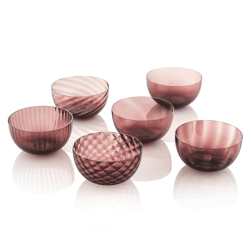 NasonMoretti Idra bowls – set of 6 | Set of six Murano glass bowls in assorted textures and colors | Each bowl features unique hand-blown craftsmanship with textures including optic, torsé, balloton, and more | A vibrant and luxurious addition to modern entertaining | Available in classic and ruby red selections | Design by NasonMoretti | Tableware & bowls | 2Jour Concierge, your luxury lifestyle shop