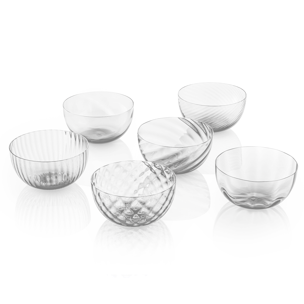 NasonMoretti Idra bowls – set of 6 | Set of six Murano glass bowls in assorted textures and colors | Each bowl features unique hand-blown craftsmanship with textures including optic, torsé, balloton, and more | A vibrant and luxurious addition to modern entertaining | Available in classic and ruby red selections | Design by NasonMoretti | Tableware & bowls | 2Jour Concierge, your luxury lifestyle shop