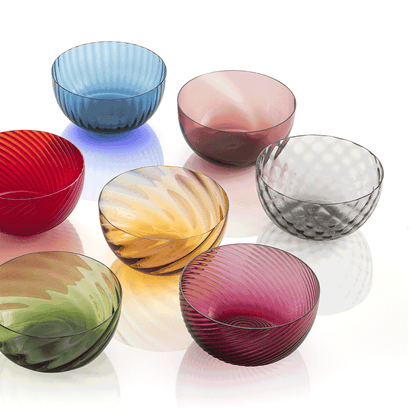 NasonMoretti Idra bowl – single | Hand-blown Murano glass bowl available in six exquisite textures: optic, twisted optic, torsé, lente, striped, and balloton | A versatile accent for serving or display, offered in a rich palette including amber, avio blue, grey, transparent, soraya green, and violet | Elegant, compact form adds refined charm to any table setting | Design by NasonMoretti | Tableware & bowls | 2Jour Concierge, your luxury lifestyle shop