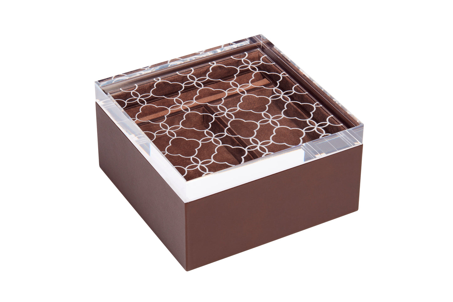 Riviere Iris Leather-Covered Jewellery Box with Removable Tray | Elegant Design with Removable Tray for Organizing Jewelry | Suede Lining and Floral Carved Acrylic Lid for a Touch of Sophistication | Explore a Range of Luxury Jewellery Boxes at 2Jour Concierge, #1 luxury high-end gift & lifestyle shop