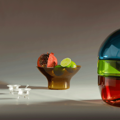 NasonMoretti Jellyfish centerpiece set | A sculptural set of 4 Murano glass centerpieces, designed by Matteo Zorzenoni | Inspired by the organic fluidity of jellyfish, each piece plays with light, color, and form | Available in an elegant palette of bull brown, avio blue, violet, and soraya green | A poetic and contemporary addition to sophisticated interiors | Design by NasonMoretti | Tableware & decorative objects | 2Jour Concierge, your luxury lifestyle shop