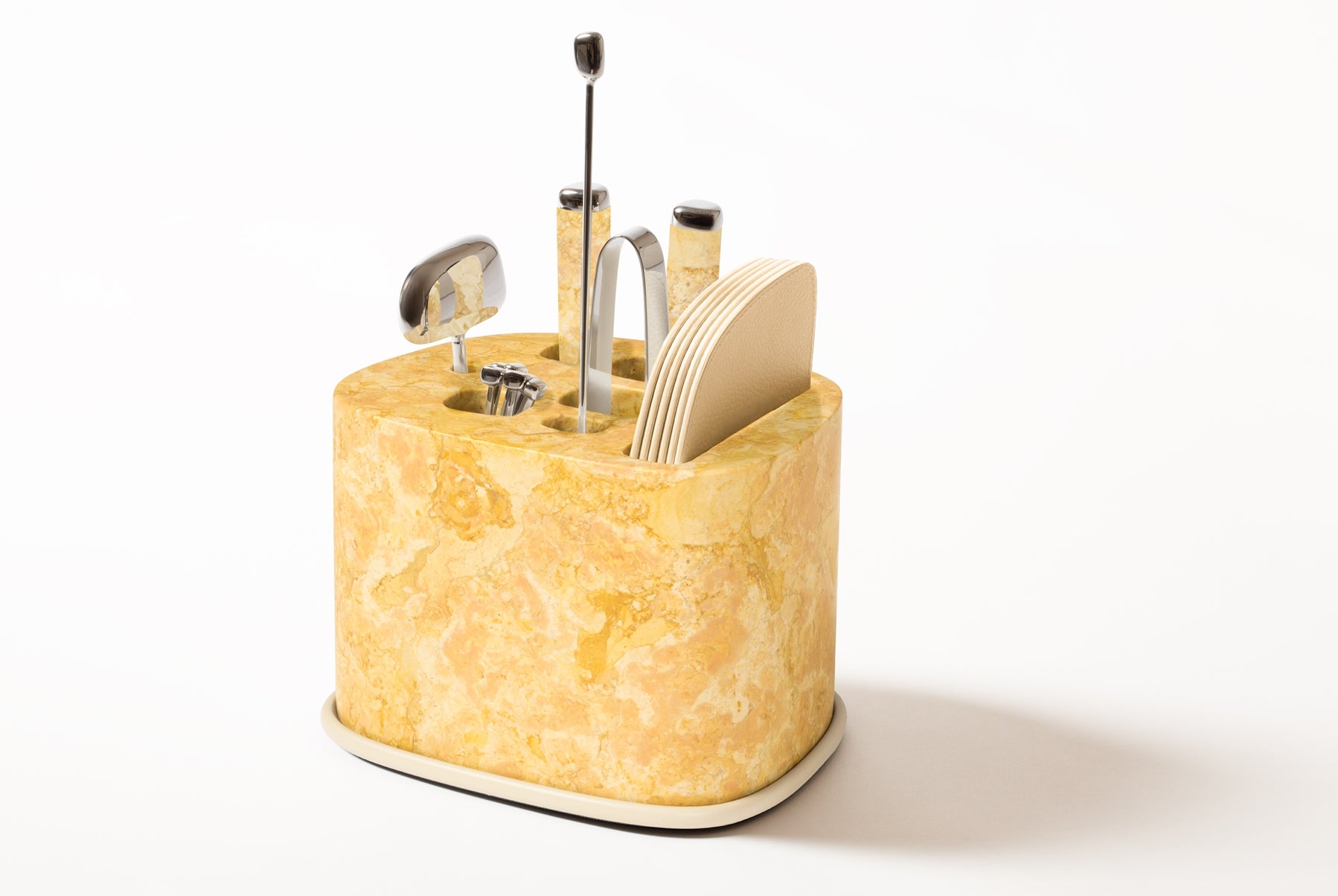 Giobagnara x Kelly Wearstler Maris Bar Accessories Set | A luxurious marble structure with sandblasted aluminum accents, hosting stainless steel tools and leather coasters | Available in multiple finishes | Barware | 2Jour Concierge, your luxury lifestyle shop