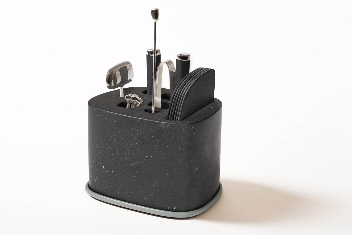 Giobagnara x Kelly Wearstler Maris Bar Accessories Set | A luxurious marble structure with sandblasted aluminum accents, hosting stainless steel tools and leather coasters | Available in multiple finishes | Barware | 2Jour Concierge, your luxury lifestyle shop