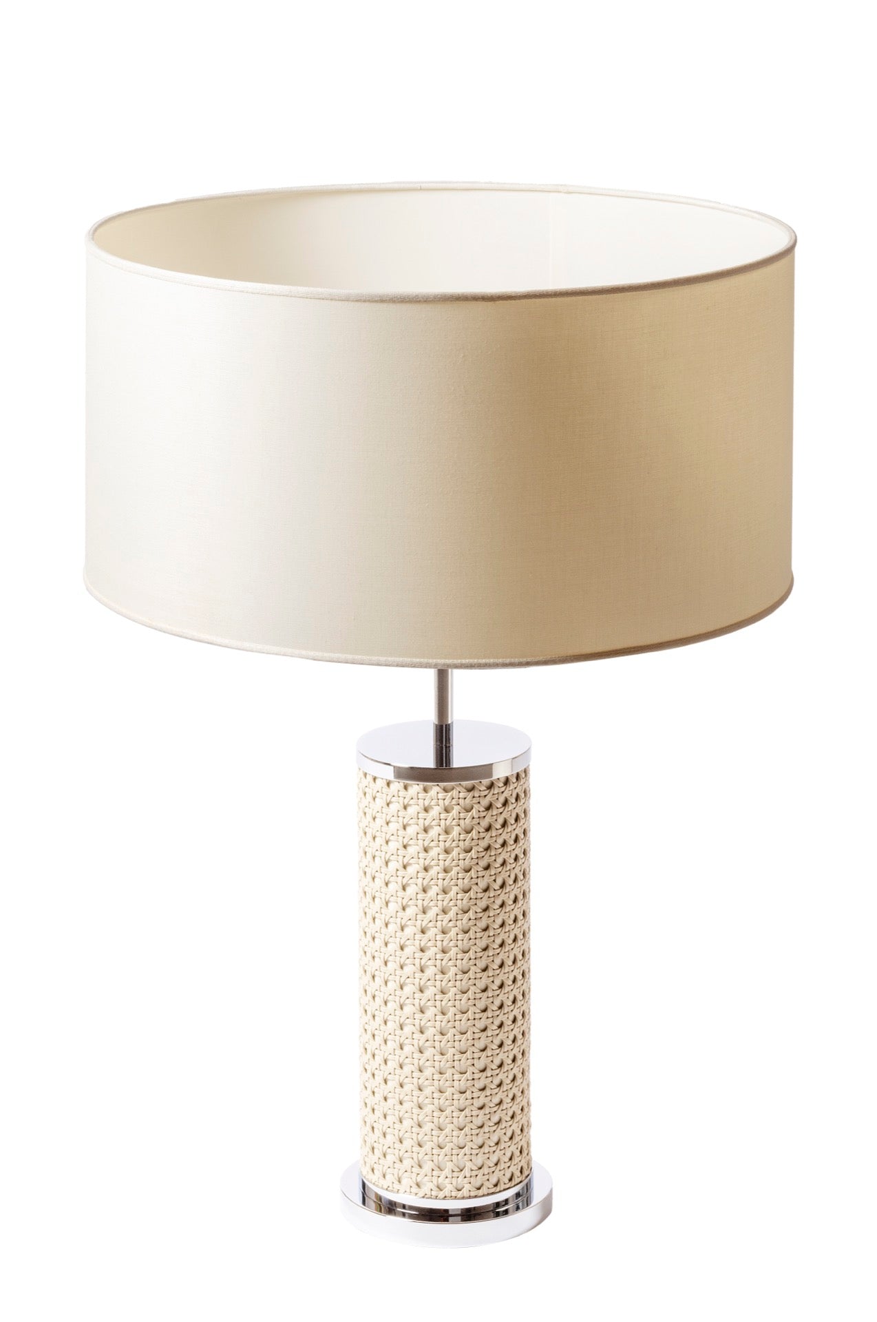 Riviere Flavia | Table Lamp: Leather-covered cylindrical base with optional braided, handwoven, or herringbone patterns, chrome or gold metal finishes, designed for refined contemporary interiors | Lighting / Table Lamps | 2Jour Concierge, your luxury lifestyle shop | luxury interiors, hospitality décor, elegant living, designer lighting, boutique hotels, refined lifestyle, yacht décor