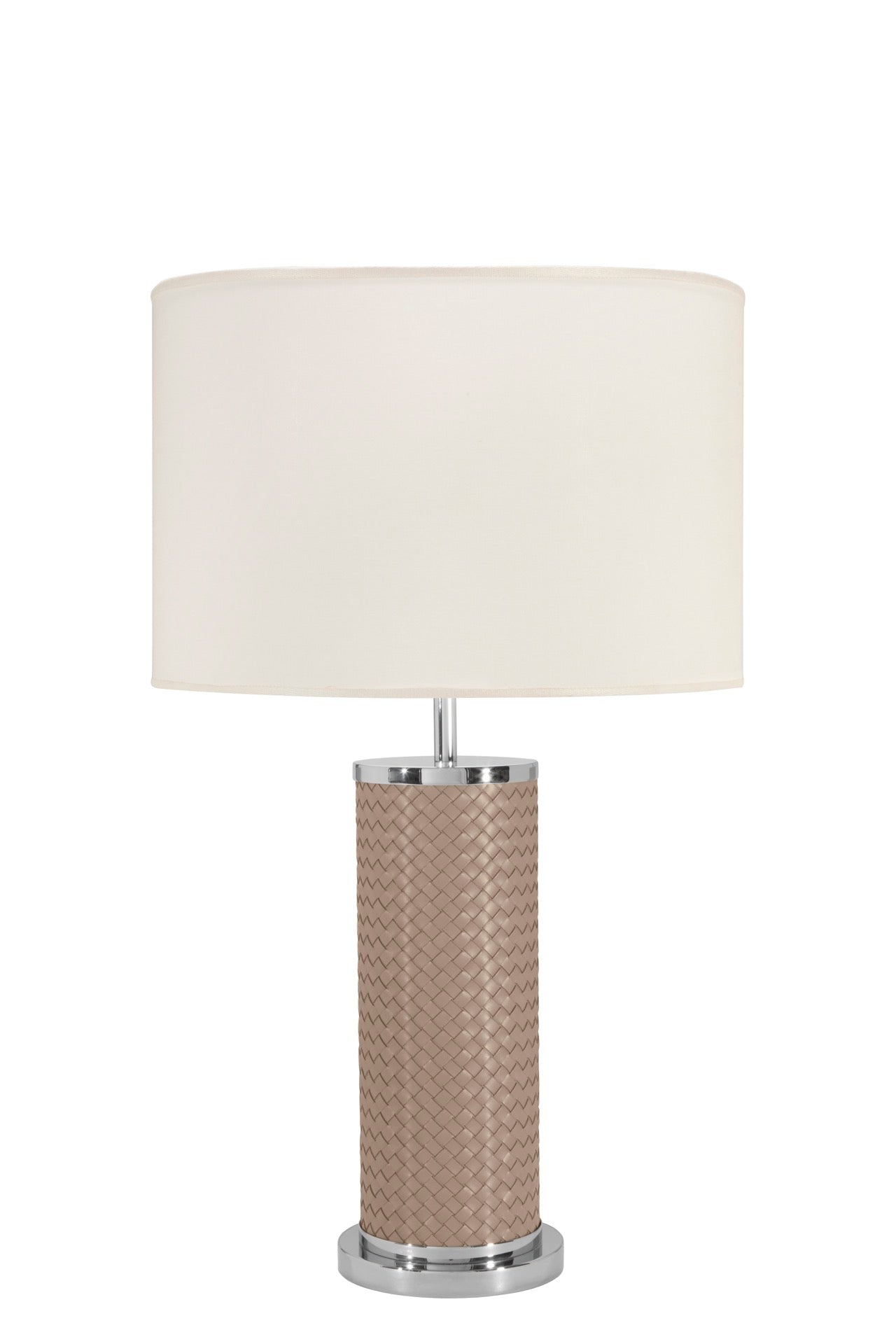 Riviere Flavia | Table Lamp: Leather-covered cylindrical base with optional braided, handwoven, or herringbone patterns, chrome or gold metal finishes, designed for refined contemporary interiors | Lighting / Table Lamps | 2Jour Concierge, your luxury lifestyle shop | luxury interiors, hospitality décor, elegant living, designer lighting, boutique hotels, refined lifestyle, yacht décor