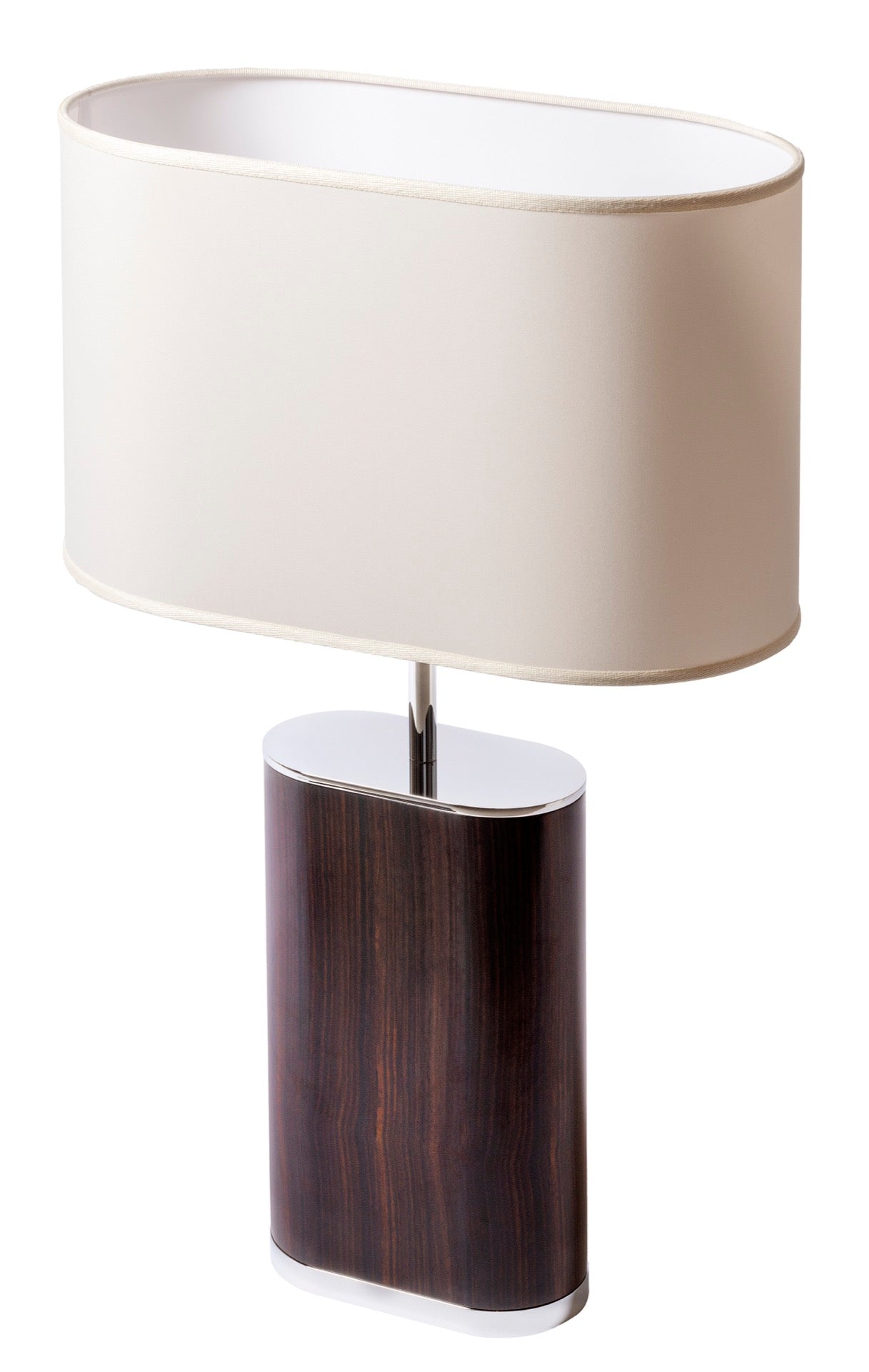 Riviere Livia Ebony | Table Lamp: Oval lamp with polished ebony wood base, chrome or gold metal details, and oval shade, crafted for elegant contemporary interiors | Lighting / Table Lamps | 2Jour Concierge, your luxury lifestyle shop | luxury interiors, hospitality décor, elegant living, designer lighting, boutique hotels, refined lifestyle, yacht décor