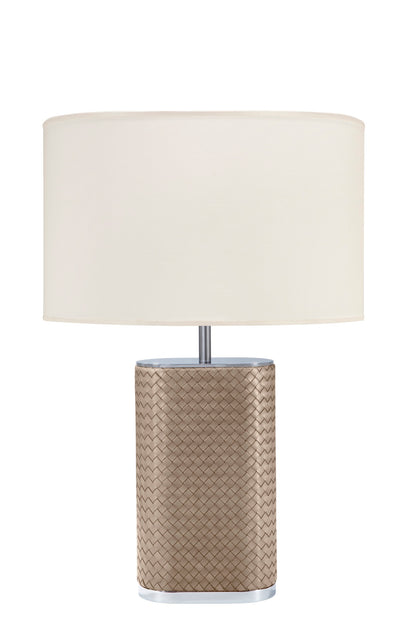 Riviere Livia Handwoven | Table Lamp: Oval lamp with handwoven leather structure, chrome or gold metal details, and oval shade, designed for sophisticated living spaces | Lighting / Table Lamps | 2Jour Concierge, your luxury lifestyle shop | luxury interiors, hospitality décor, elegant living, designer lighting, boutique hotels, refined lifestyle, yacht décor