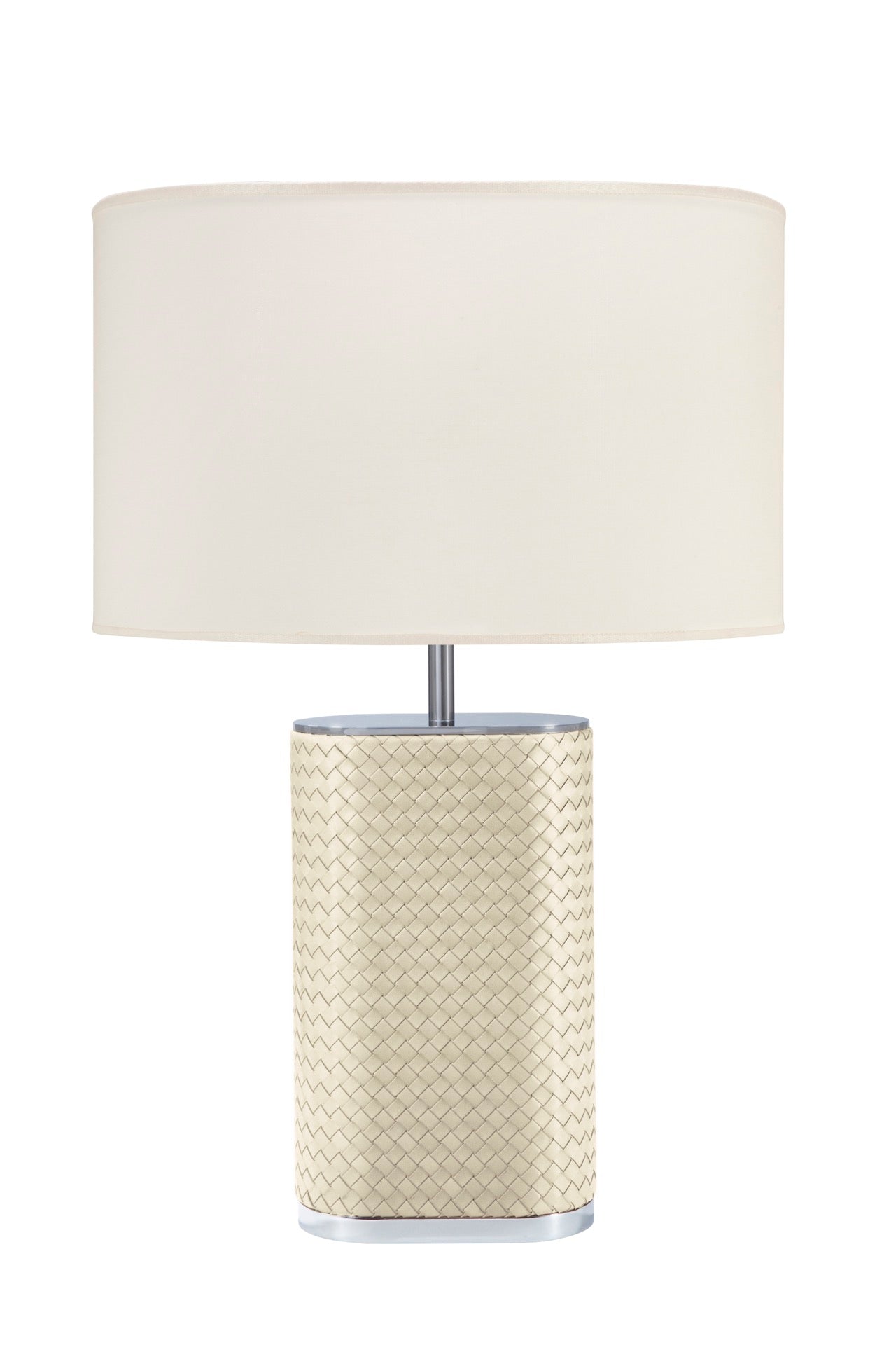 Riviere Livia Handwoven | Table Lamp: Oval lamp with handwoven leather structure, chrome or gold metal details, and oval shade, designed for sophisticated living spaces | Lighting / Table Lamps | 2Jour Concierge, your luxury lifestyle shop | luxury interiors, hospitality décor, elegant living, designer lighting, boutique hotels, refined lifestyle, yacht décor