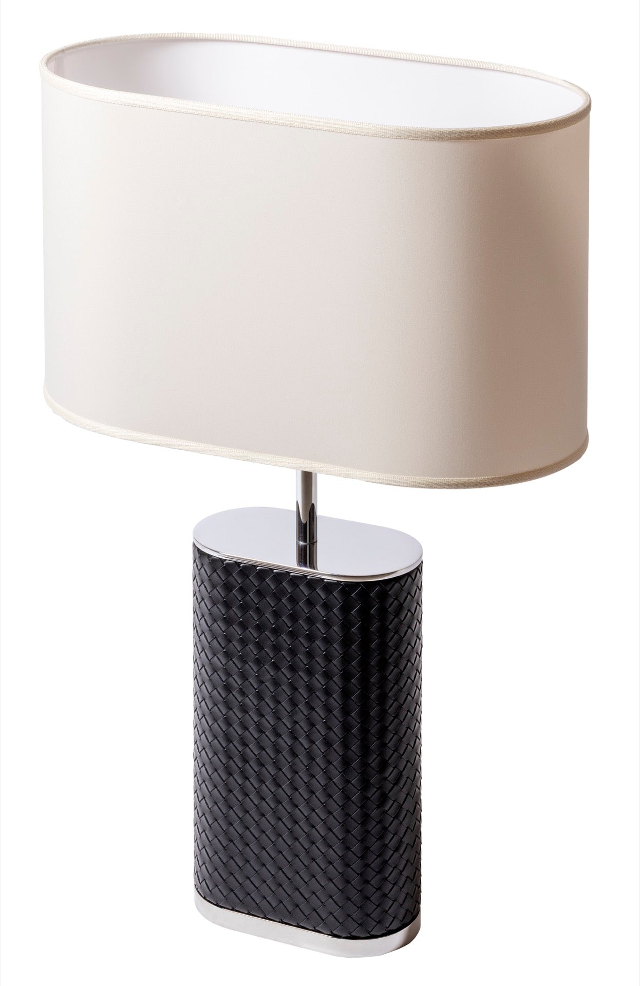 Riviere Livia Handwoven | Table Lamp: Oval lamp with handwoven leather structure, chrome or gold metal details, and oval shade, designed for sophisticated living spaces | Lighting / Table Lamps | 2Jour Concierge, your luxury lifestyle shop | luxury interiors, hospitality décor, elegant living, designer lighting, boutique hotels, refined lifestyle, yacht décor