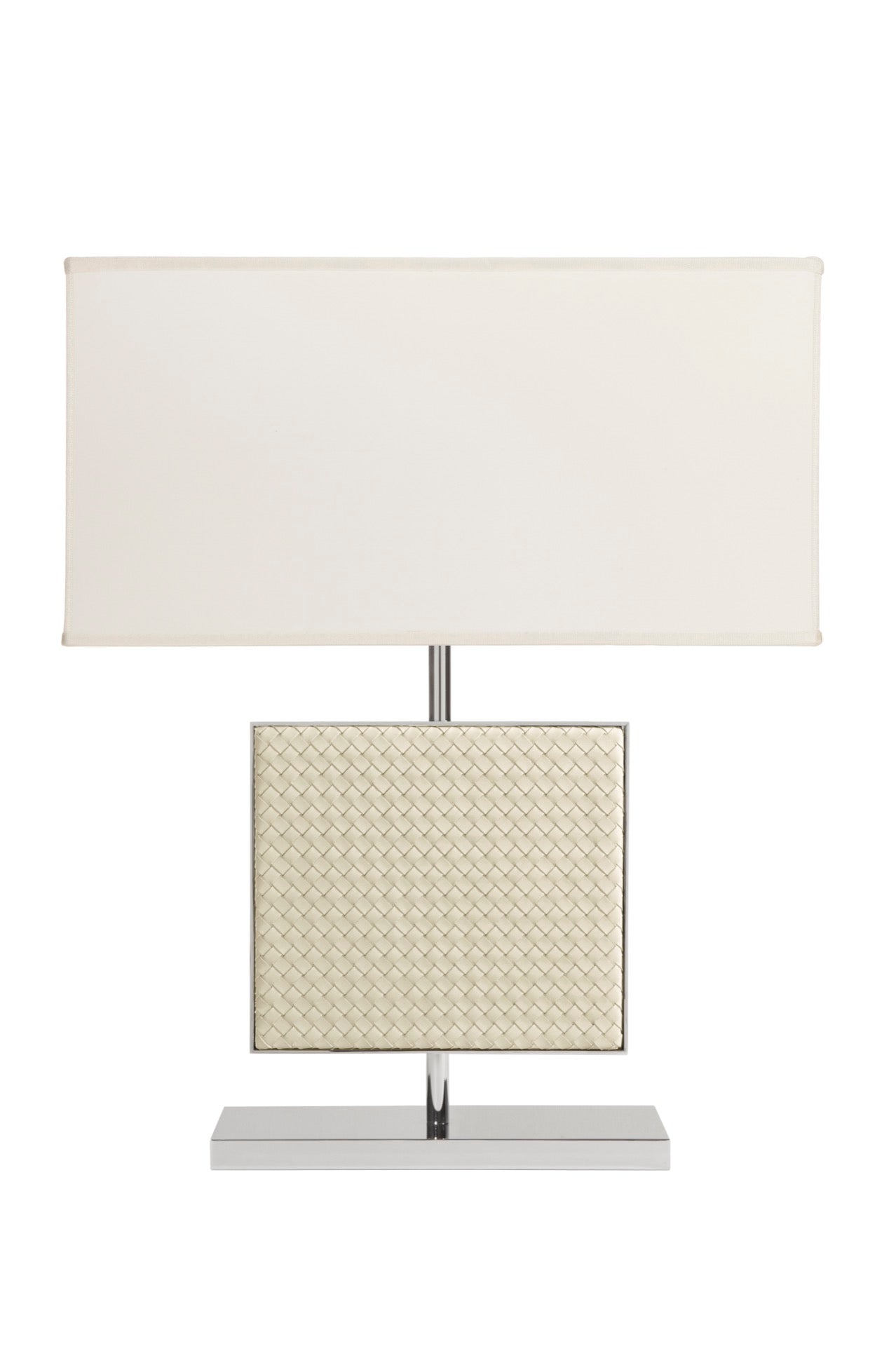 Riviere Ebe | Table Lamp: Leather-covered body in handwoven, diamond, or herringbone quilted patterns, chrome or gold metal base, designed for living or hospitality interiors | Lighting / Table Lamps | 2Jour Concierge, your luxury lifestyle shop | luxury interiors, hospitality décor, elegant living, designer lighting, boutique hotels, refined lifestyle, yacht décor