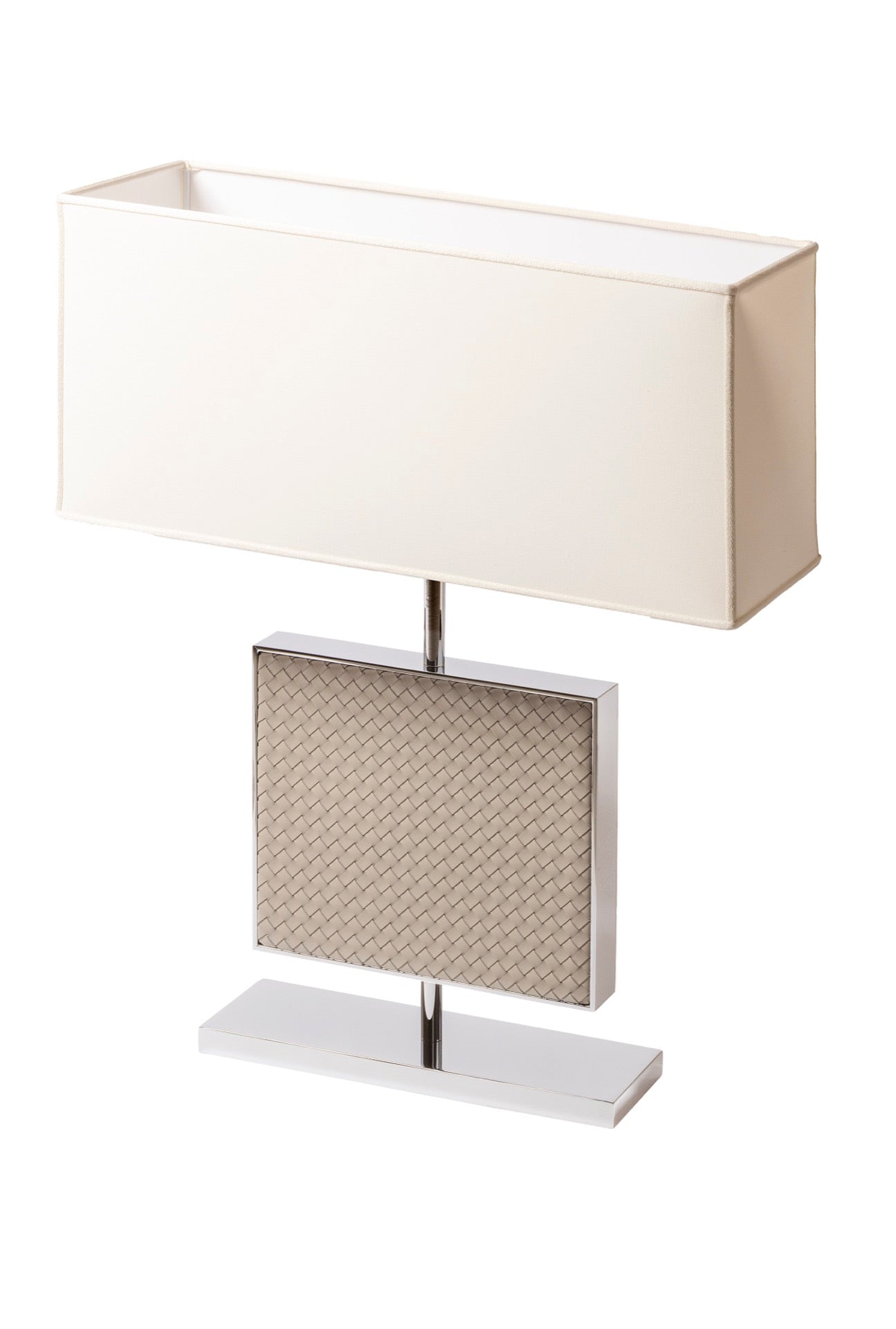 Riviere Ebe | Table Lamp: Leather-covered body in handwoven, diamond, or herringbone quilted patterns, chrome or gold metal base, designed for living or hospitality interiors | Lighting / Table Lamps | 2Jour Concierge, your luxury lifestyle shop | luxury interiors, hospitality décor, elegant living, designer lighting, boutique hotels, refined lifestyle, yacht décor