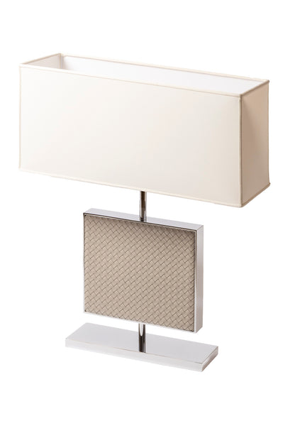 Riviere Ebe | Table Lamp: Leather-covered body in handwoven, diamond, or herringbone quilted patterns, chrome or gold metal base, designed for living or hospitality interiors | Lighting / Table Lamps | 2Jour Concierge, your luxury lifestyle shop | luxury interiors, hospitality décor, elegant living, designer lighting, boutique hotels, refined lifestyle, yacht décor