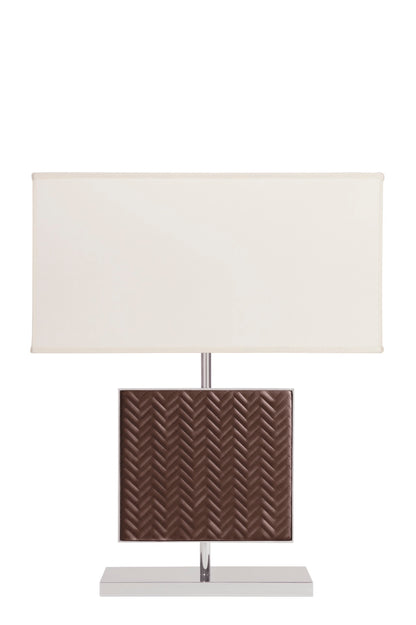 Riviere Ebe | Table Lamp: Leather-covered body in handwoven, diamond, or herringbone quilted patterns, chrome or gold metal base, designed for living or hospitality interiors | Lighting / Table Lamps | 2Jour Concierge, your luxury lifestyle shop | luxury interiors, hospitality décor, elegant living, designer lighting, boutique hotels, refined lifestyle, yacht décor