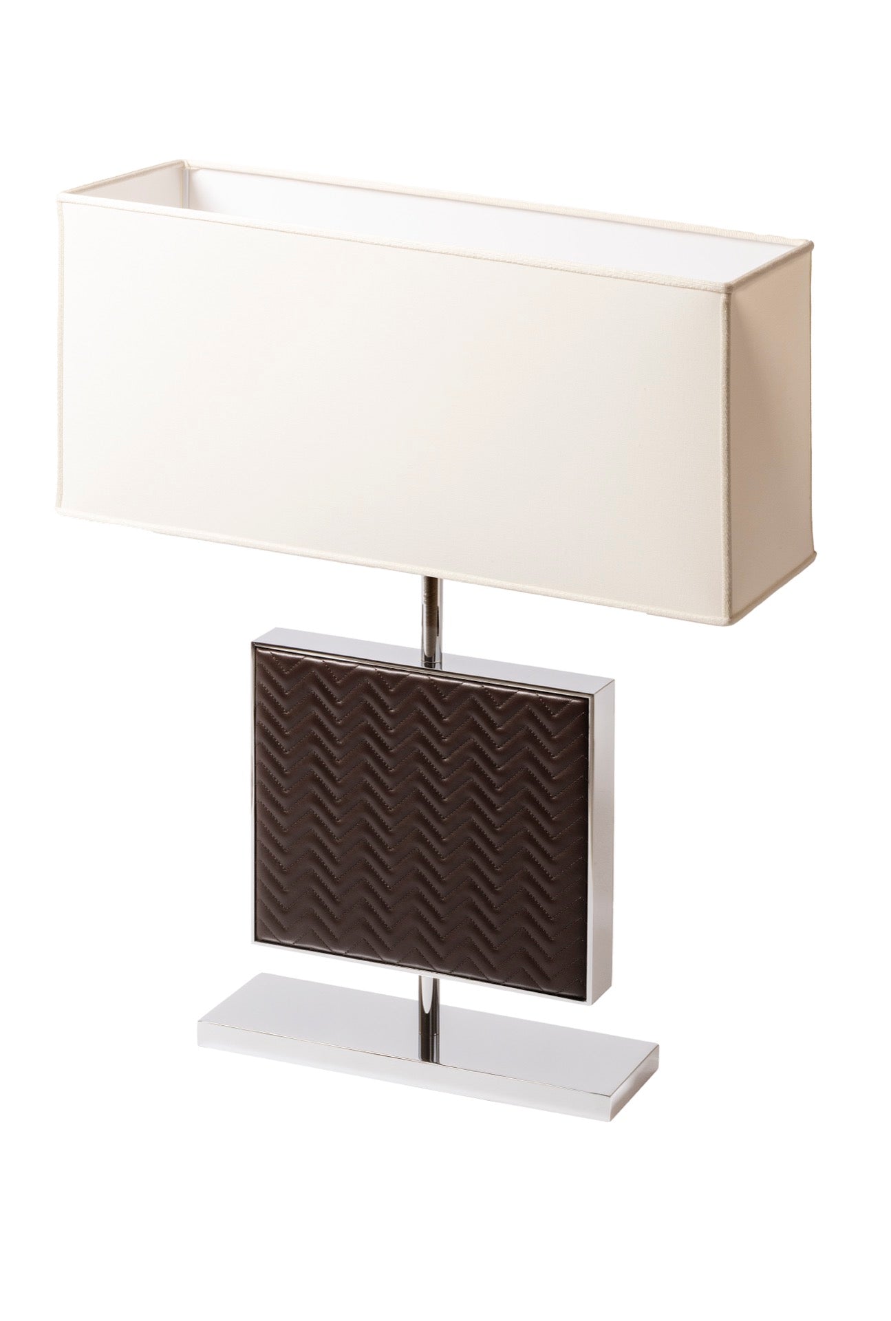 Riviere Ebe | Table Lamp: Leather-covered body in handwoven, diamond, or herringbone quilted patterns, chrome or gold metal base, designed for living or hospitality interiors | Lighting / Table Lamps | 2Jour Concierge, your luxury lifestyle shop | luxury interiors, hospitality décor, elegant living, designer lighting, boutique hotels, refined lifestyle, yacht décor