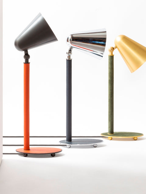 Monza Table Lamp by Giobagnara | Partially Leather-Covered Metal Structure in Various Finishes | Metal Rounded Feet for Stability | A Sleek and Modern Lighting Solution for Your Space