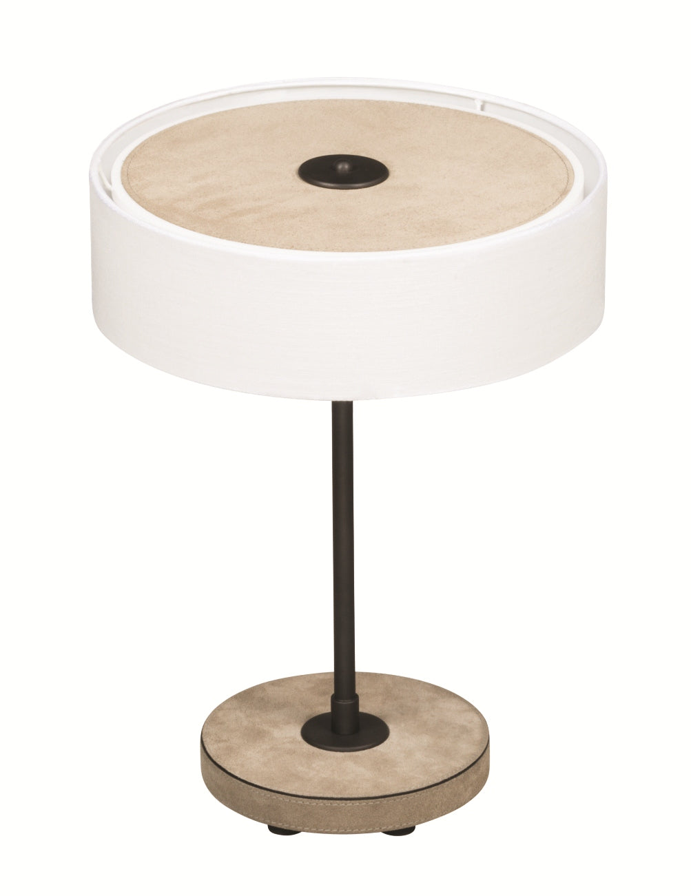 Fly Table Lamp by Giobagnara | Leather-Covered Wood Base with Fixed Brass Stem Available in Three Finishes | White Linen Lampshade with Fireproof Opaque Plexiglass Diffuser | A Blend of Elegance and Functionality | Exclusively at 2Jour Concierge, #1 luxury high-end gift & lifestyle shop