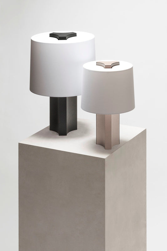 Enea Table Lamp by Giobagnara | Leather-Covered Wood Base with a Fine Linen Lampshade | Inspired by Classical Antiquity, Echoing Ancient Greek Columns | Featuring Elegant Curves and Edges for Captivating Light Plays | Available at 2Jour Concierge, #1 luxury high-end gift & lifestyle shop