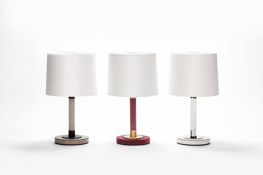 Gallia Table Lamp by Giobagnara | Leather-Covered Wood Structure with Metal Inserts | Fine White Cotton Lampshade with Fireproof Diffuser | In-Line Foot Switch for Convenient Operation | Elevate Your Interior with Style and Functionality