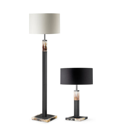 Arcahorn Alma Table Lamp | Dark Horn and Tosca Leather in Black | Gunmetal Brass Detailing | Lampshade in Black Shantung | Ideal for Yacht Decor | Available at 2Jour Concierge, #1 luxury high-end gift & lifestyle shop