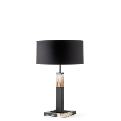 Arcahorn Alma Table Lamp | Dark Horn and Tosca Leather in Black | Gunmetal Brass Detailing | Lampshade in Black Shantung | Ideal for Yacht Decor | Available at 2Jour Concierge, #1 luxury high-end gift & lifestyle shop