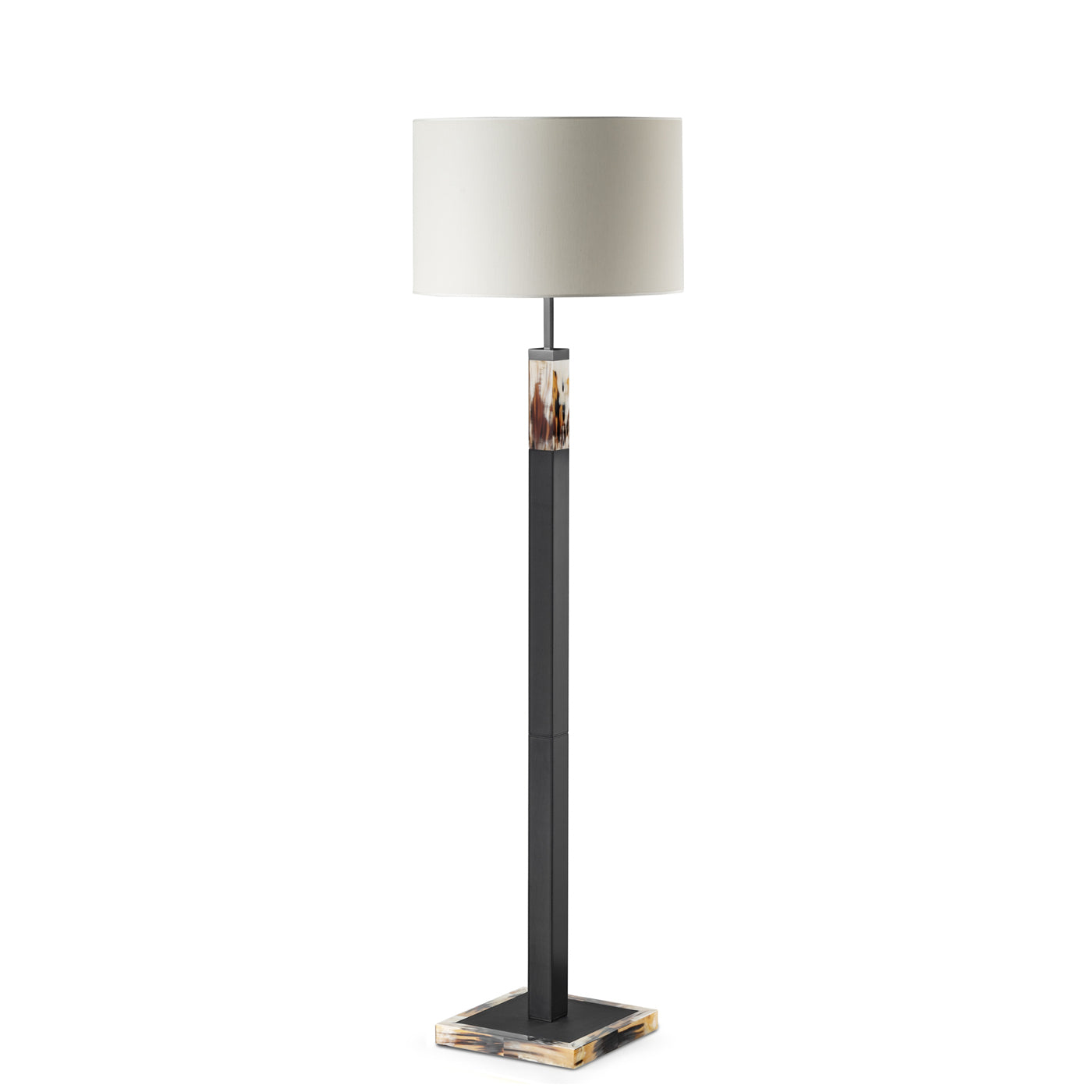 Alma Floor Lamp: Dark Horn and Tosca Leather, Gunmetal Brass Detailing, Ivory Shantung Lampshade