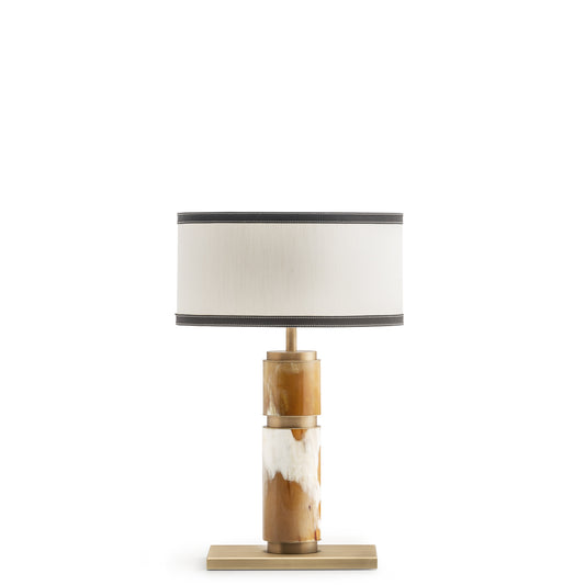 Arcahorn Babel Table Lamp | Horn and Satin Brass | Ivory Shantung Lampshade with Dark Brown Tosca Leather Trim | Elegant Addition to Yacht Decor | Explore Luxury Lighting at 2Jour Concierge, #1 luxury high-end gift & lifestyle shop