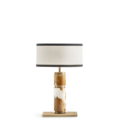 Babel Table Lamp: Horn and Satin Brass Base with Ivory Shantung Lampshade and Dark Brown Tosca Leather Trimming